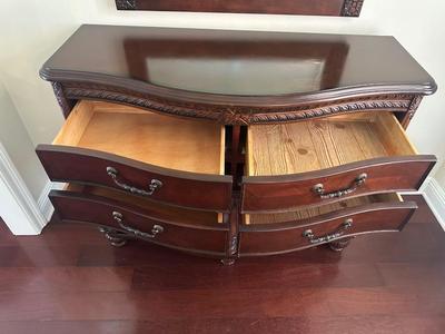 Carved Cherry Finish Console Table with Mirror