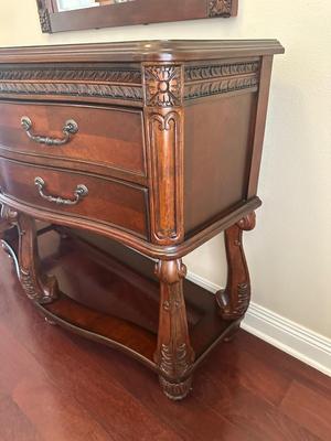 Carved Cherry Finish Console Table with Mirror