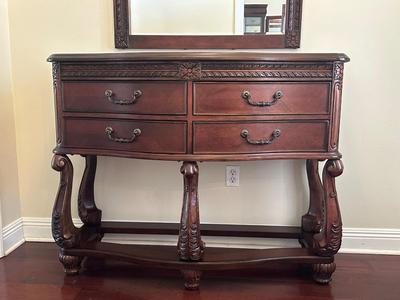 Carved Cherry Finish Console Table with Mirror