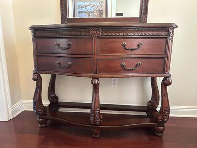 Carved Cherry Finish Console Table with Mirror
