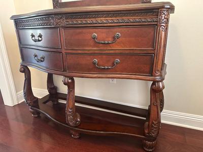 Carved Cherry Finish Console Table with Mirror