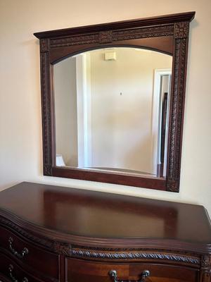 Carved Cherry Finish Console Table with Mirror