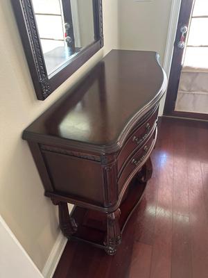 Carved Cherry Finish Console Table with Mirror