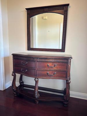 Carved Cherry Finish Console Table with Mirror