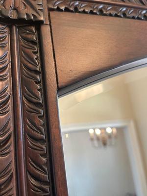 Carved Cherry Finish Console Table with Mirror