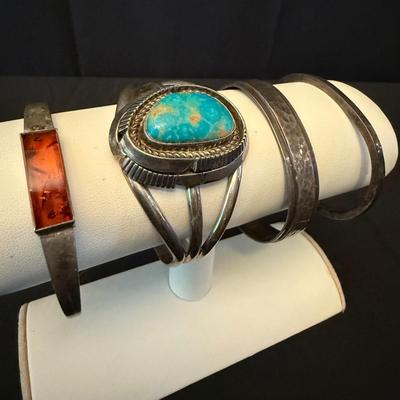 Sterling Silver Bracelets with Turquoise & Amber (K-HS)