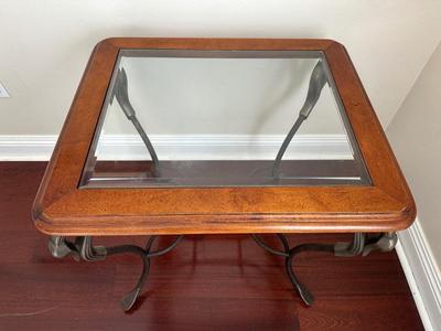 Beveled Glass-Top Coffee Table & Matching End Table with Metal Swan Base