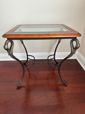 Beveled Glass-Top Coffee Table & Matching End Table with Metal Swan Base