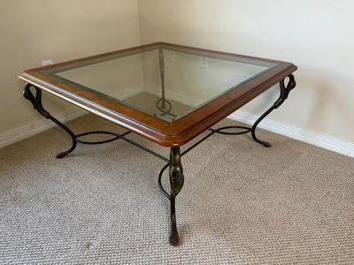 Beveled Glass-Top Coffee Table & Matching End Table with Metal Swan Base