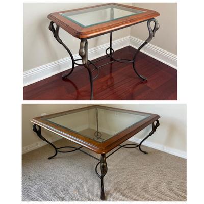 Beveled Glass-Top Coffee Table & Matching End Table with Metal Swan Base