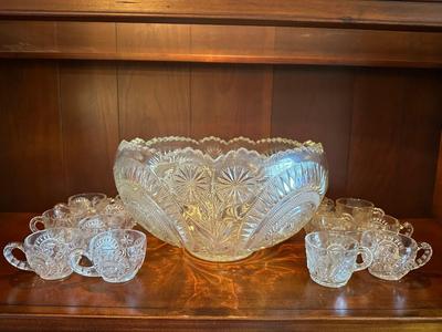 Vintage Pressed Glass Punch Bowl with 14 Cups