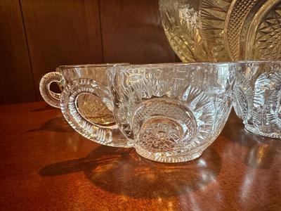 Vintage Pressed Glass Punch Bowl with 14 Cups