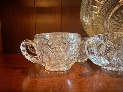 Vintage Pressed Glass Punch Bowl with 14 Cups