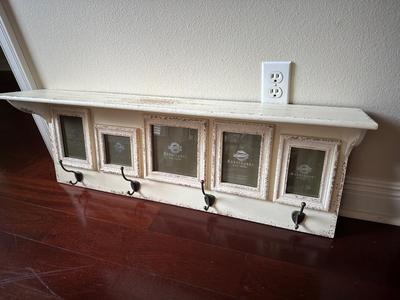Farmhouse-Style Wall Shelf with Frames & Hooks