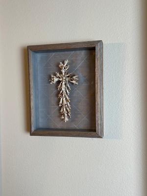 Handmade Seashell Cross Wall Art in Shadowbox Frame