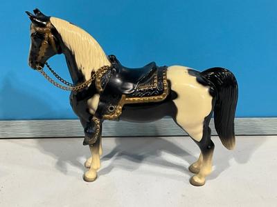 Vintage 1950’s Glossy Bl, White Breyer 8” Horse w/Saddle Bridle