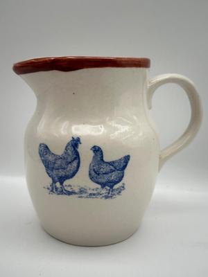 Country-Style Ceramic Pitcher with Blue Chicken Motif