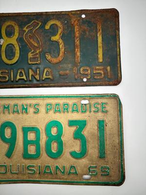 Pair of Vintage Louisiana License Plates — 1951 Pelican & 1968 “Sportsman’s Paradise”