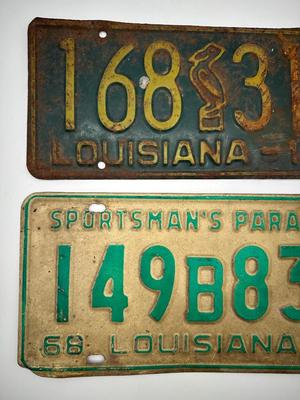 Pair of Vintage Louisiana License Plates — 1951 Pelican & 1968 “Sportsman’s Paradise”