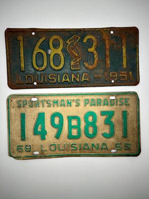 Pair of Vintage Louisiana License Plates — 1951 Pelican & 1968 “Sportsman’s Paradise”