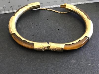 Gold Plated Gilted Scroll Tigers Eye Locking Hinged Bangel