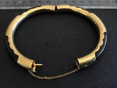 Gold Plated Gilted Scroll Tigers Eye Locking Hinged Bangel