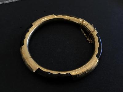 Gold Plated Gilted Scroll Tigers Eye Locking Hinged Bangel