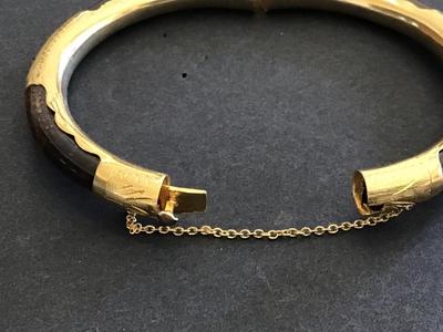 Gold Plated Gilted Scroll Tigers Eye Locking Hinged Bangel