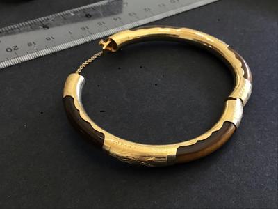 Gold Plated Gilted Scroll Tigers Eye Locking Hinged Bangel