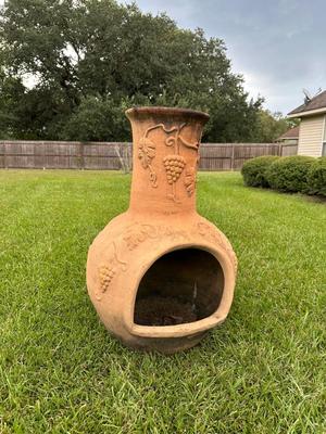 Outdoor Clay Chiminea Fireplace with Grape & Vine Motif