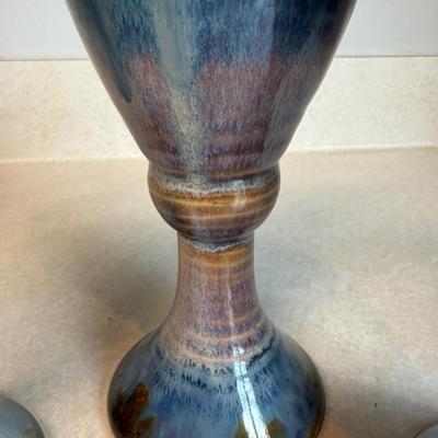 Blue Glazed Ceramic Goblets & Lidded Dish (K-HS)