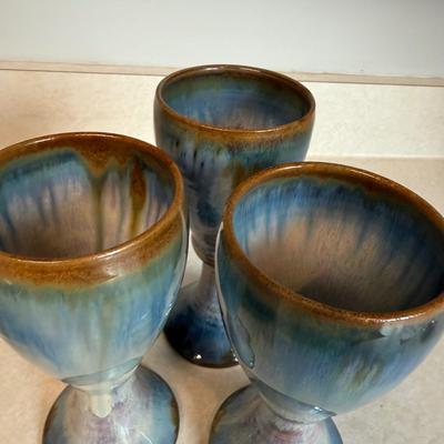 Blue Glazed Ceramic Goblets & Lidded Dish (K-HS)