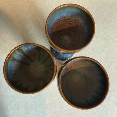 Blue Glazed Ceramic Goblets & Lidded Dish (K-HS)