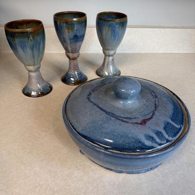 Blue Glazed Ceramic Goblets & Lidded Dish (K-HS)