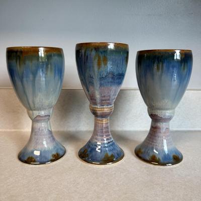 Blue Glazed Ceramic Goblets & Lidded Dish (K-HS)