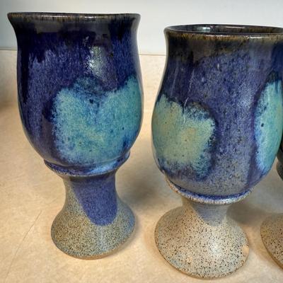 Set of Six Beautiful Blue Handmade Pottery Goblets by Arch Pike (K-HS)