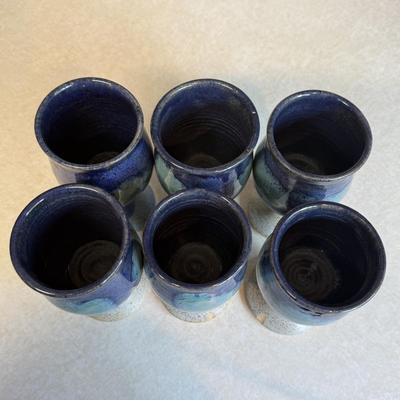 Set of Six Beautiful Blue Handmade Pottery Goblets by Arch Pike (K-HS)