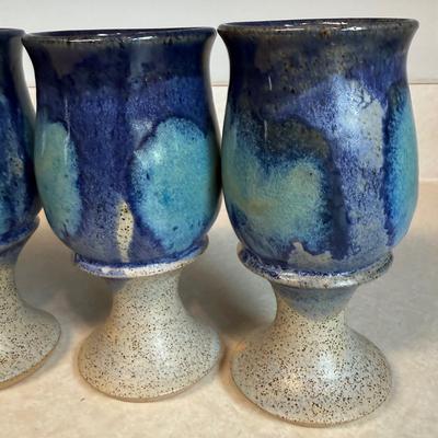 Set of Six Beautiful Blue Handmade Pottery Goblets by Arch Pike (K-HS)
