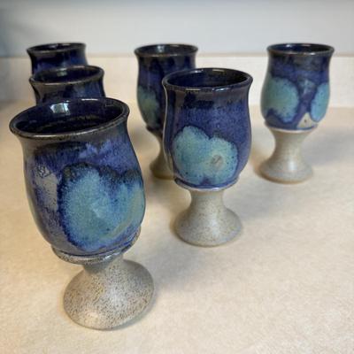 Set of Six Beautiful Blue Handmade Pottery Goblets by Arch Pike (K-HS)