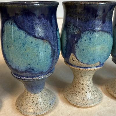 Set of Six Beautiful Blue Handmade Pottery Goblets by Arch Pike (K-HS)