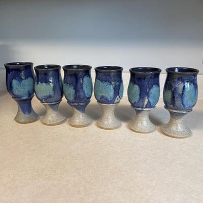 Set of Six Beautiful Blue Handmade Pottery Goblets by Arch Pike (K-HS)