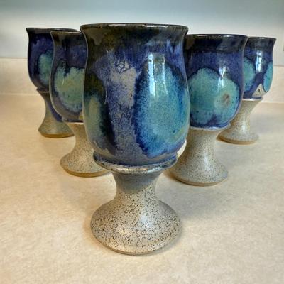 Set of Six Beautiful Blue Handmade Pottery Goblets by Arch Pike (K-HS)