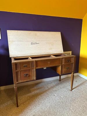 Mid-Century Wood Desk with Portuguese Stone Top