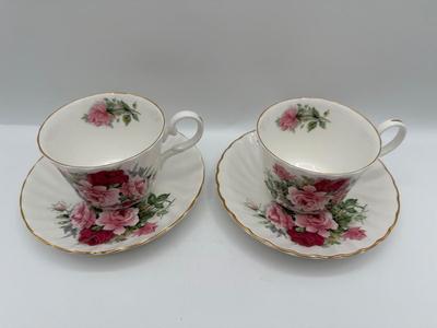 Pair of Allyn Nelson Fine Bone China Rose Teacup & Saucer Sets – Made in England