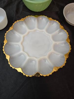 Fire King dishware - Uranium glass sherbert dishes - vintage vase - Fire King jade green bowl and a deviled egg platter