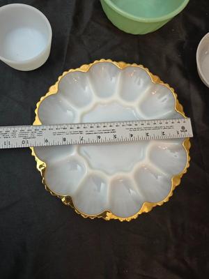 Fire King dishware - Uranium glass sherbert dishes - vintage vase - Fire King jade green bowl and a deviled egg platter
