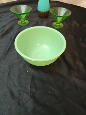 Fire King dishware - Uranium glass sherbert dishes - vintage vase - Fire King jade green bowl and a deviled egg platter