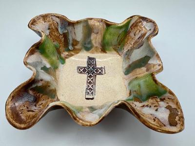 Signed Studio Pottery Bowl with Cross Motif