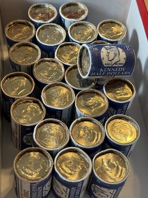 (2) ORIGINAL 2008-P BU BANK WRAPPED KENNEDY HALF DOLLAR ROLLS AT GRAY-SHEET BID & WITH FREE SHIPPING.