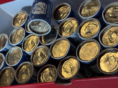 (2) ORIGINAL 2008-P BU BANK WRAPPED KENNEDY HALF DOLLAR ROLLS AT GRAY-SHEET BID & WITH FREE SHIPPING.